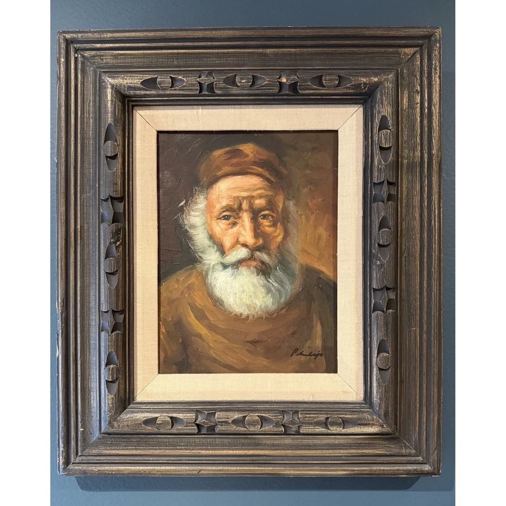 Vintage Original Oil Painting Old Man Portrait On Canvas 20.5"x 17.5"